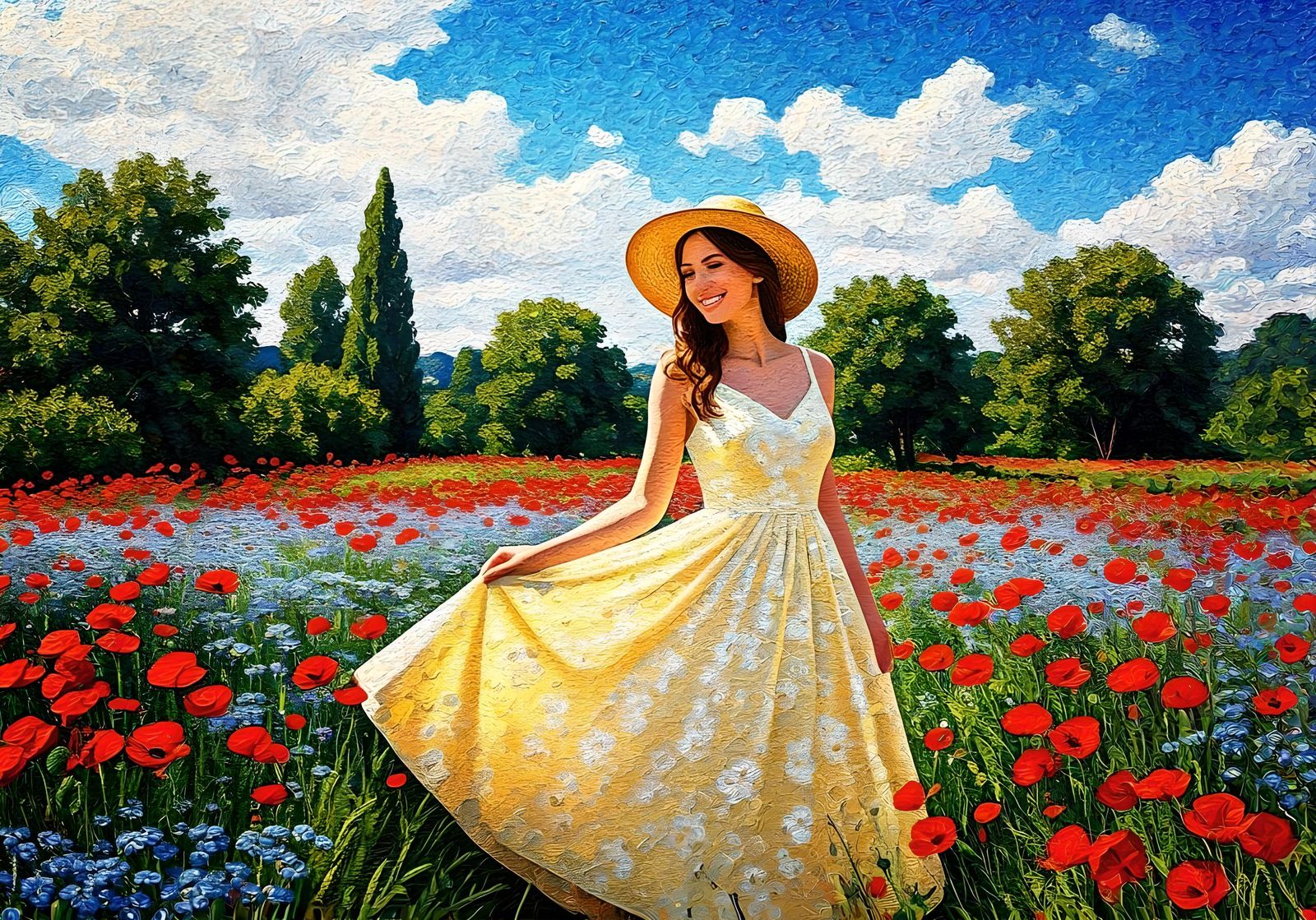Pointillist Woman in Summer Garden Painting