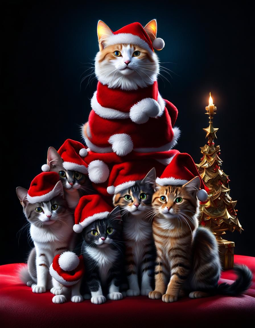 Several cats using Santa's hat stacked together forming a Christmas tree