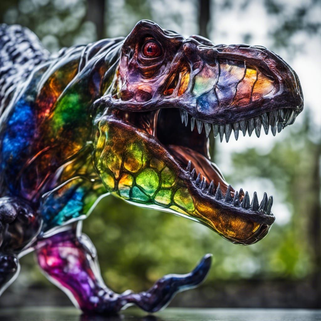 Colorful Glass T-Rex Sculpture in Jungle Setting