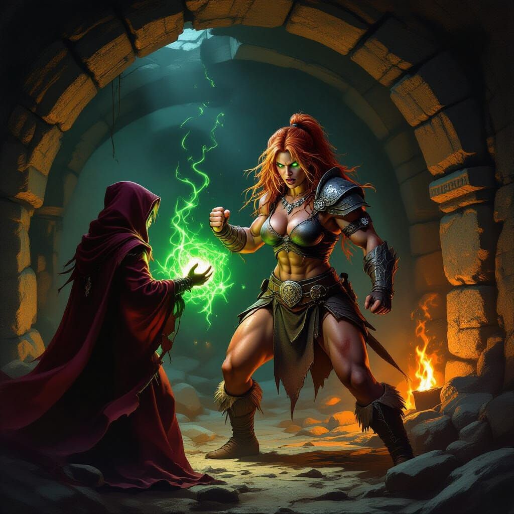 Barbarian versus Warlock in a Dark Catacomb