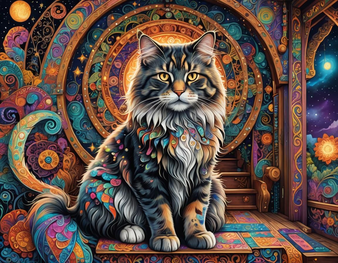 Norwegian Forest Cat on Gypsy Wagon: Fractal Illustration