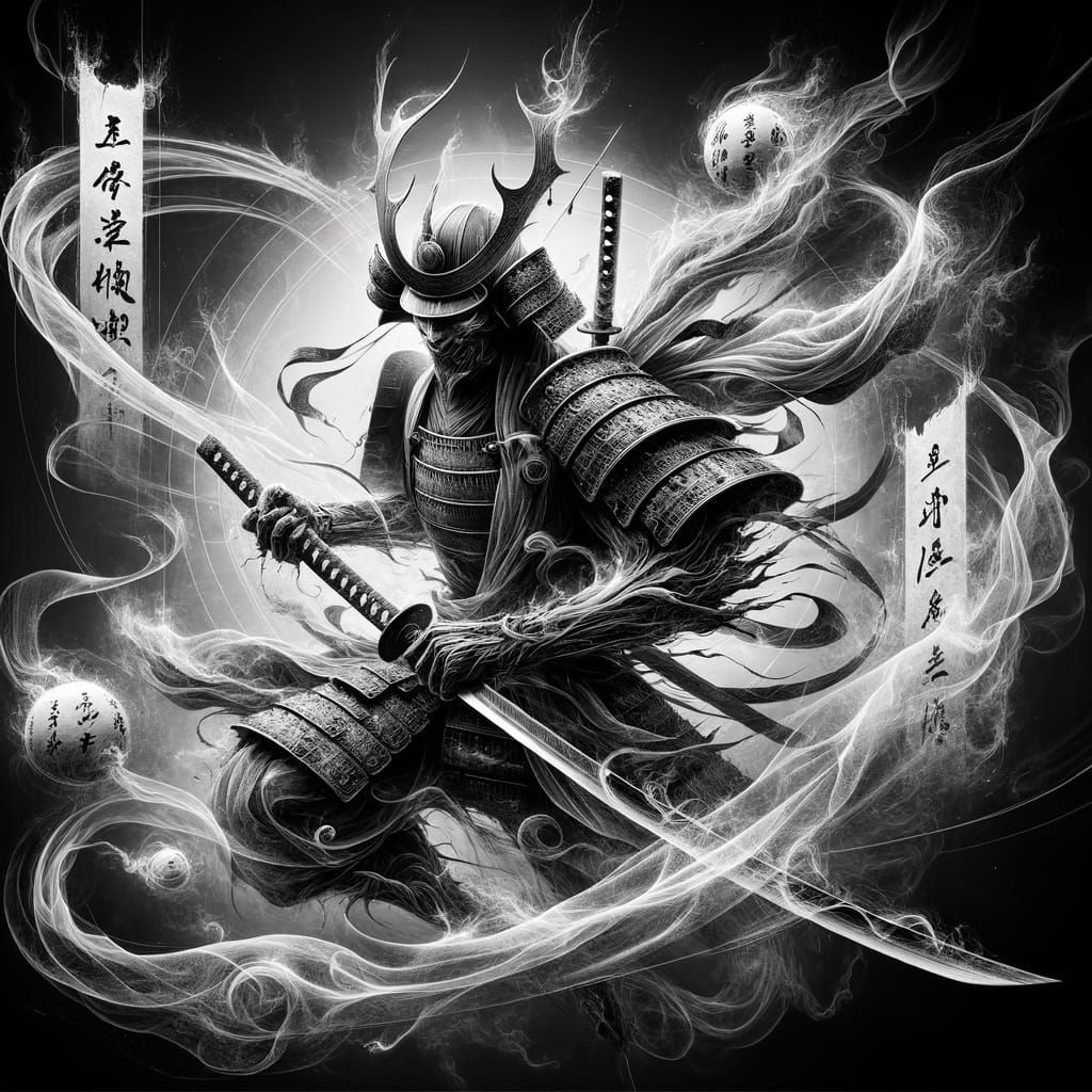 Ethereal Samurai Warrior Emerges from Mist in Digital Art