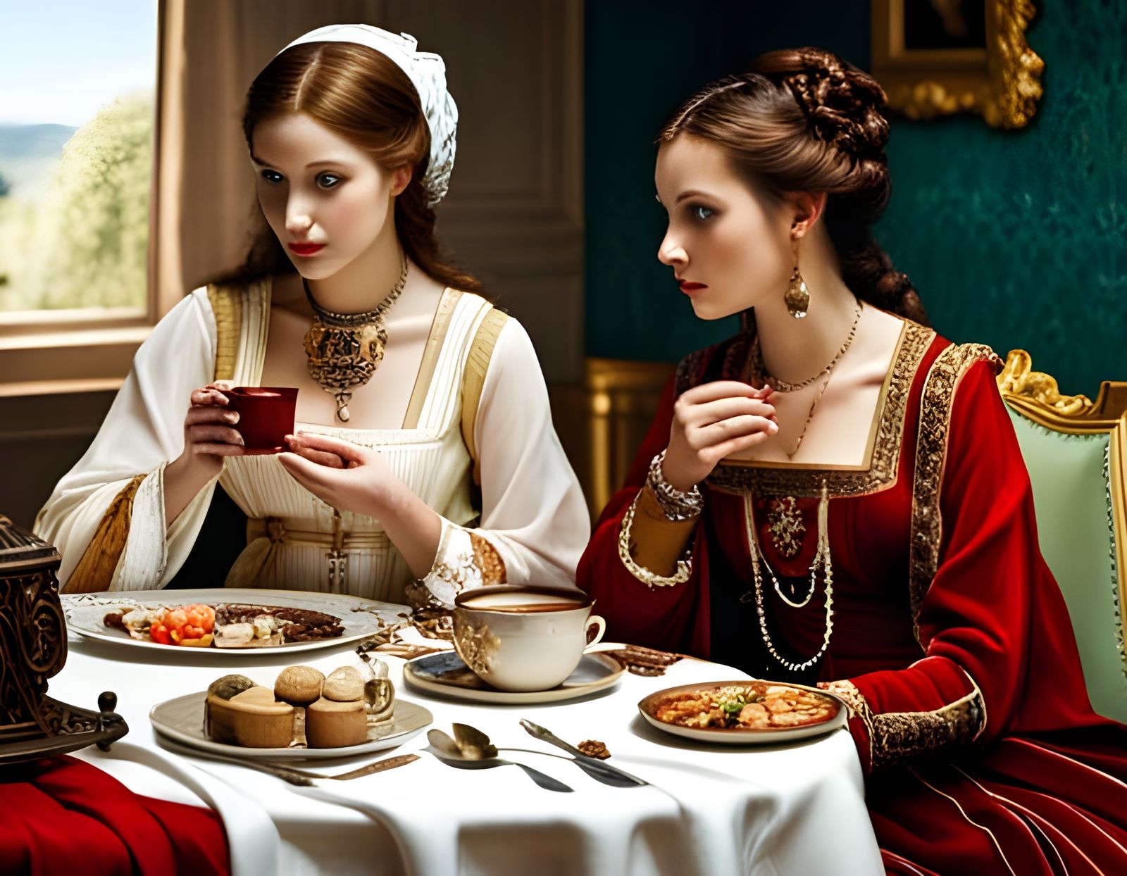 Renaissance Women Chat Over Coffee: Photorealistic Portrait