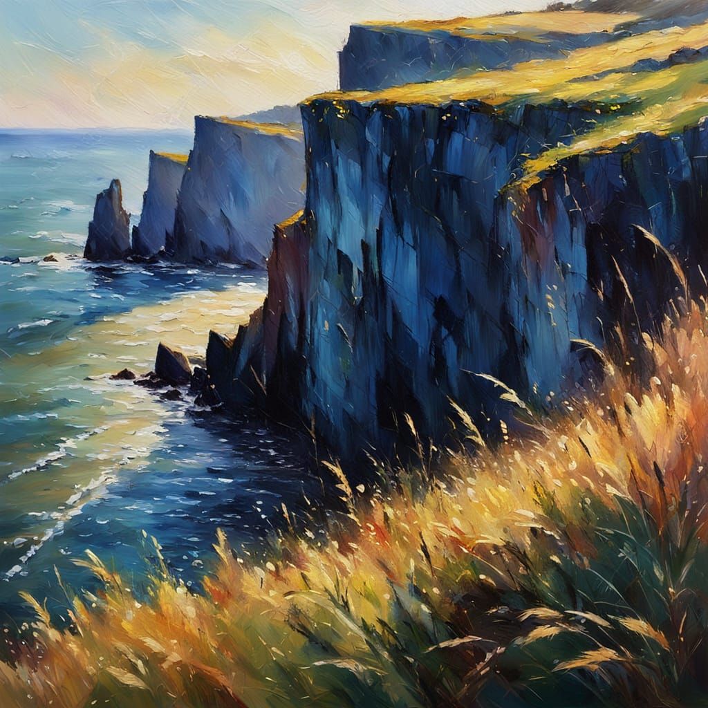 Impressionist Cliff Edge Oil Painting at Golden Hour
