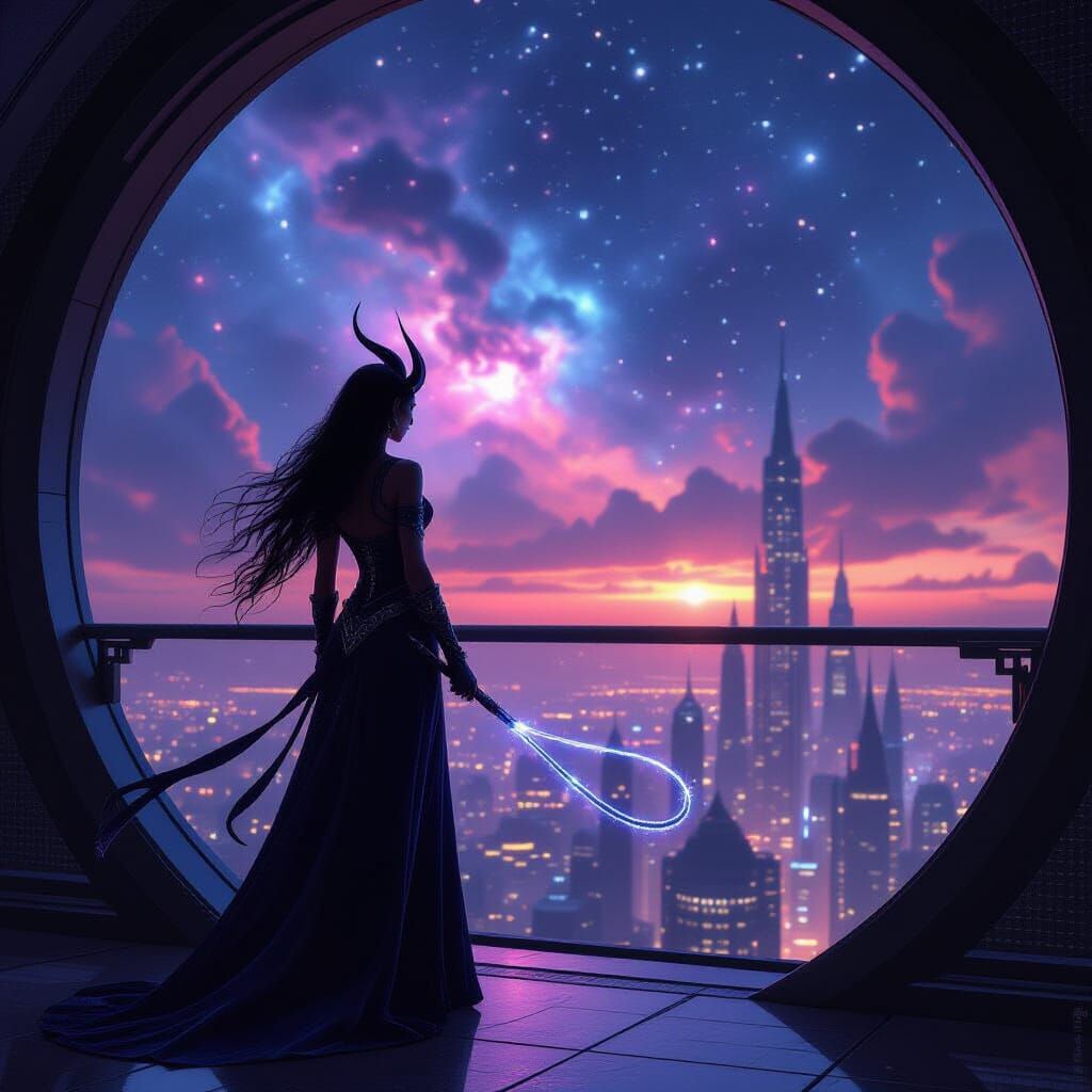 Tiefling Maiden on Futuristic Balcony in Nebula Glow