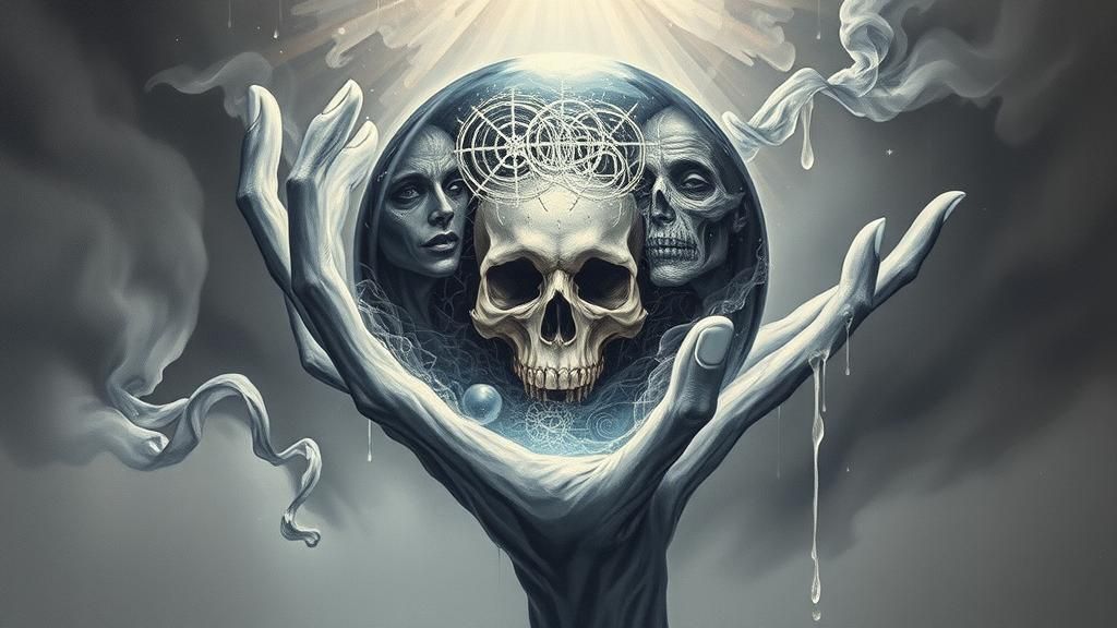 Ethereal Crystal Ball Reflecting a Psychedelic Grotesque Rea...