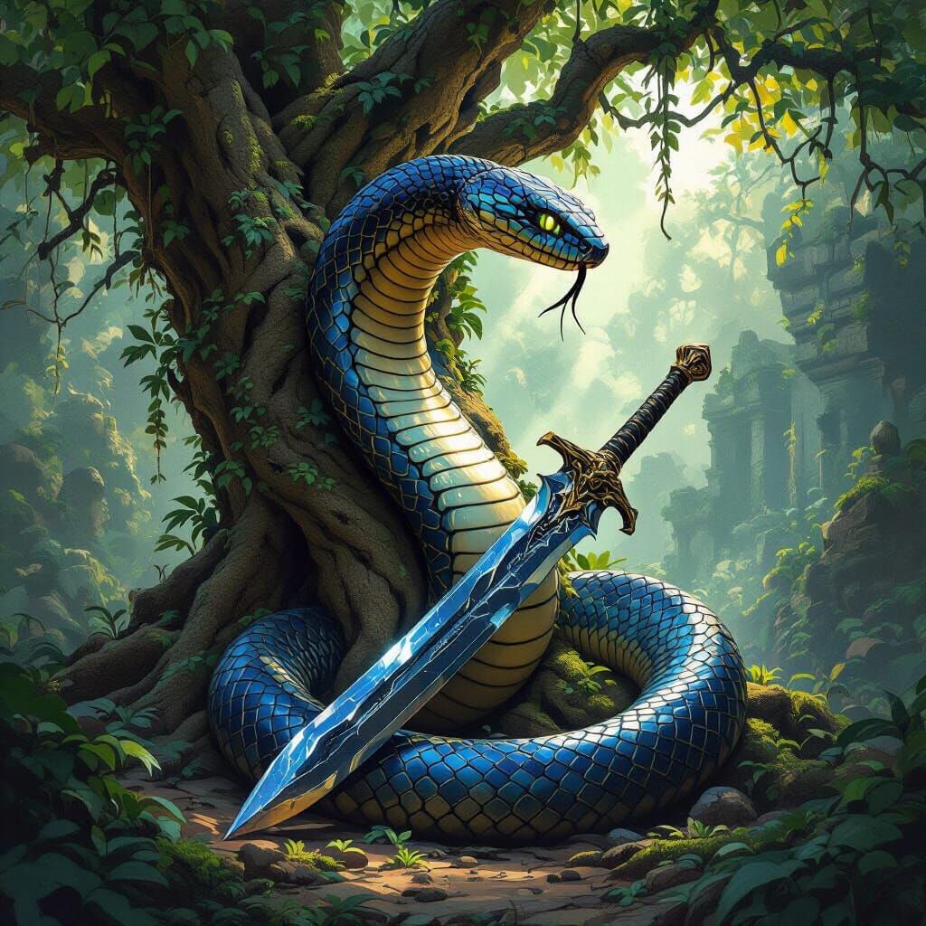 Majestic Cobra Grips Obsidian Sword by Ancient Tree