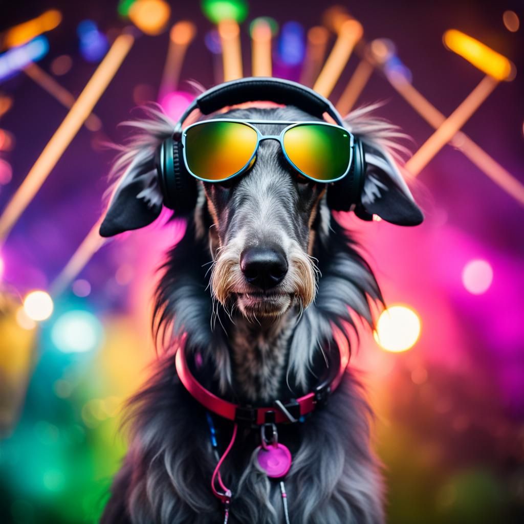 Deerhound Dog DJ at a Rave Party