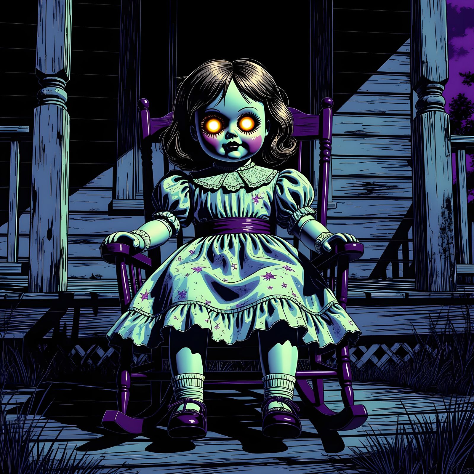 Haunted Dolls on a Porch in Comic Book Style