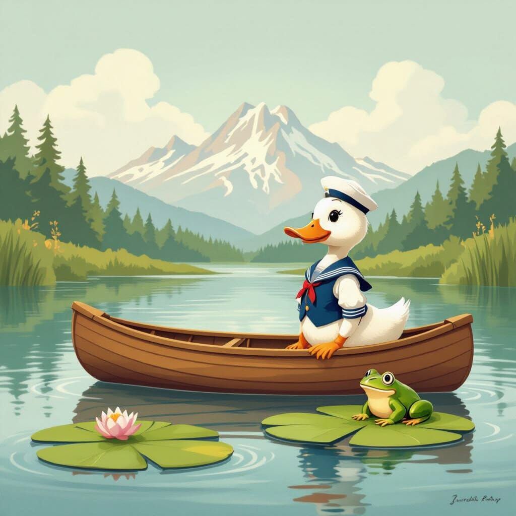 Duck in Sailor Outfit in Canoe with Frog and Mountain Backdr...