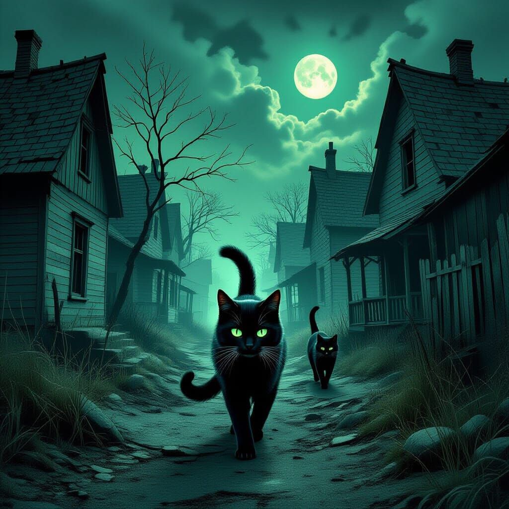 Eerie Black Cats in Abandoned Gothic Town