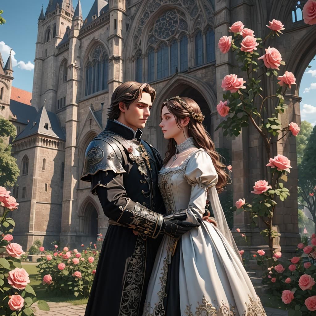 Ludwig and Elisabeth Embrace in Gothic Park, Anime Art