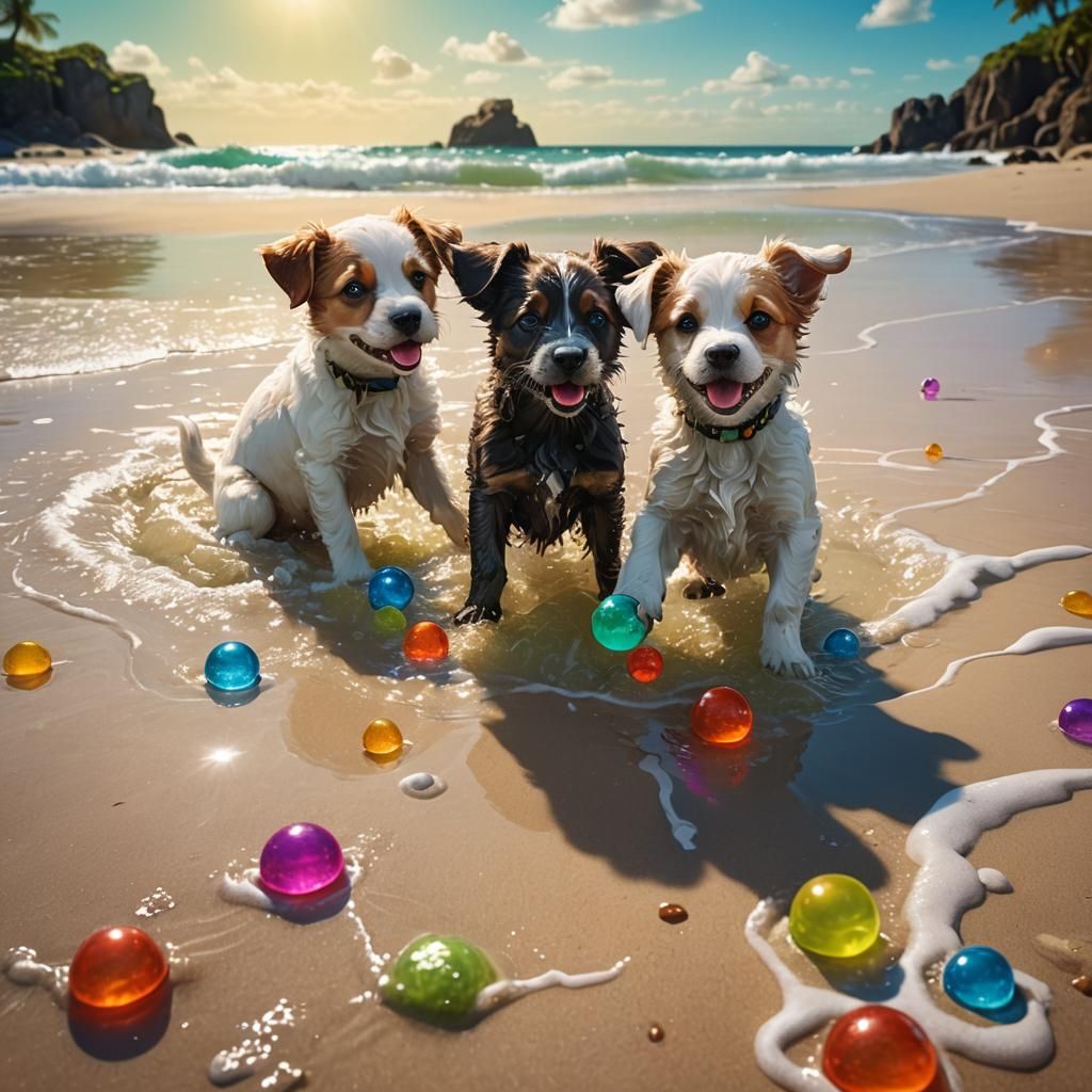 Puppies Playing on Beach with Slime Balls