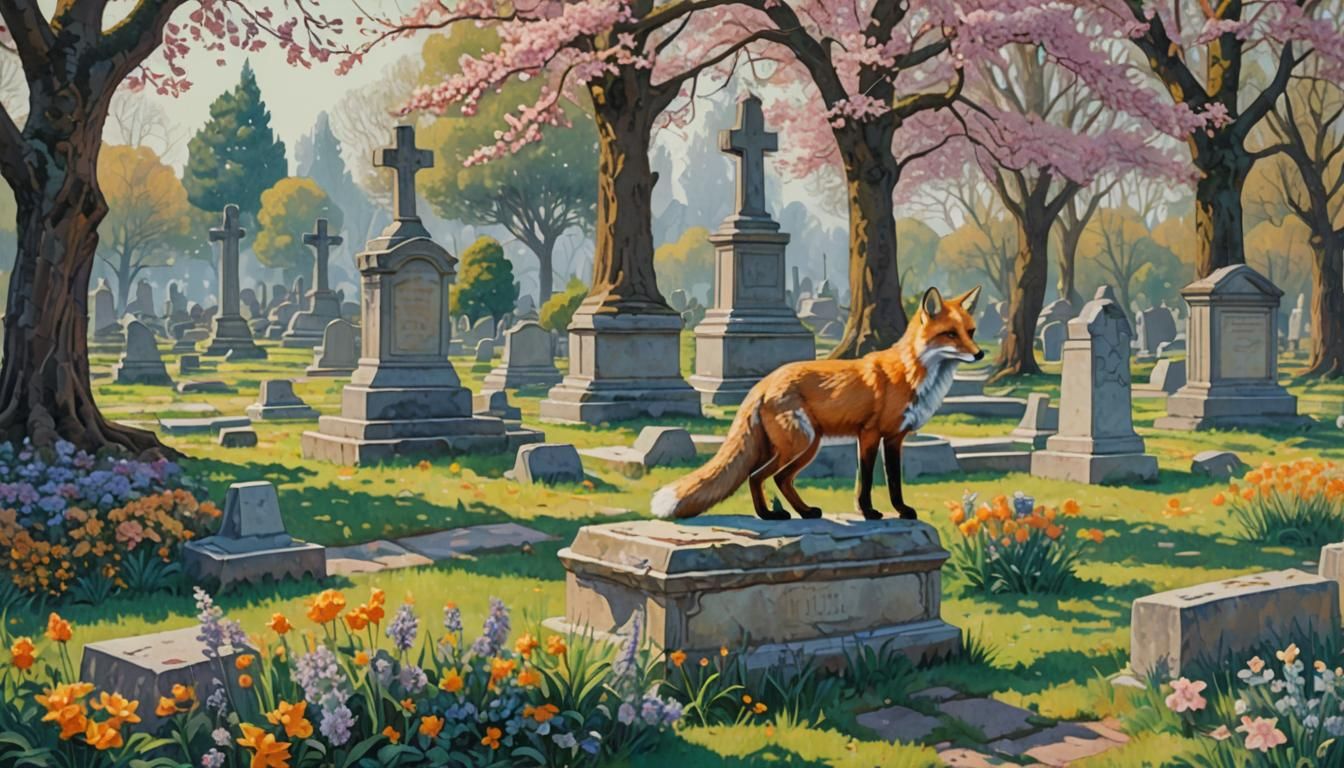 Fox in Spring Cemetery: Pointillist Gouache Painting