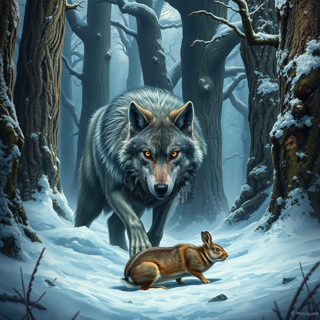 Fantastical Winter Wolf Hunt Scene in Vibrant Colors