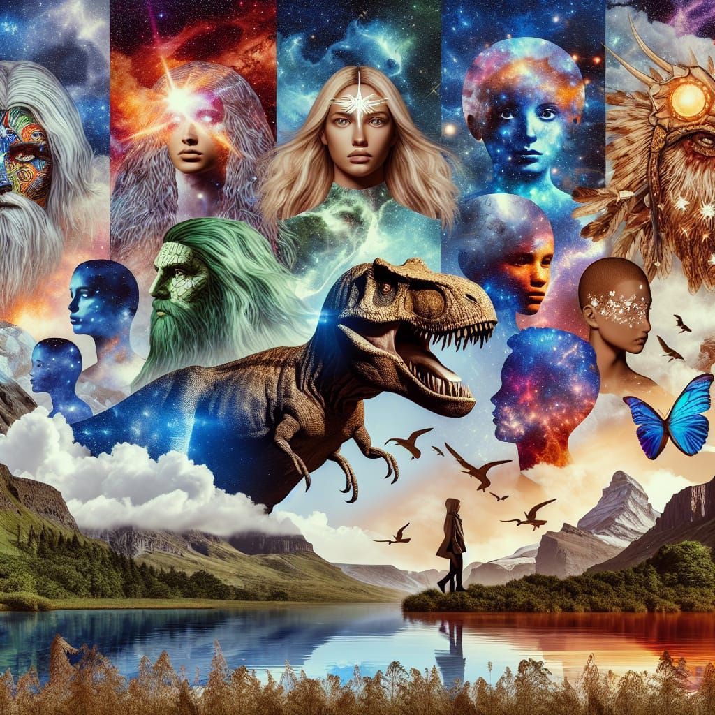 Spectacular T-Rex Collage with Mystical Figures