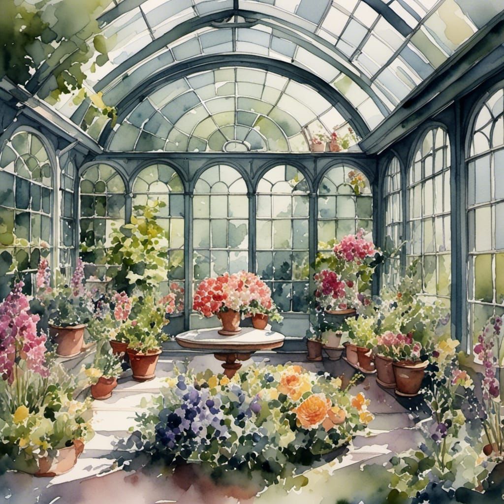 Victorian Greenhouse with Exotic Flowers in Watercolor