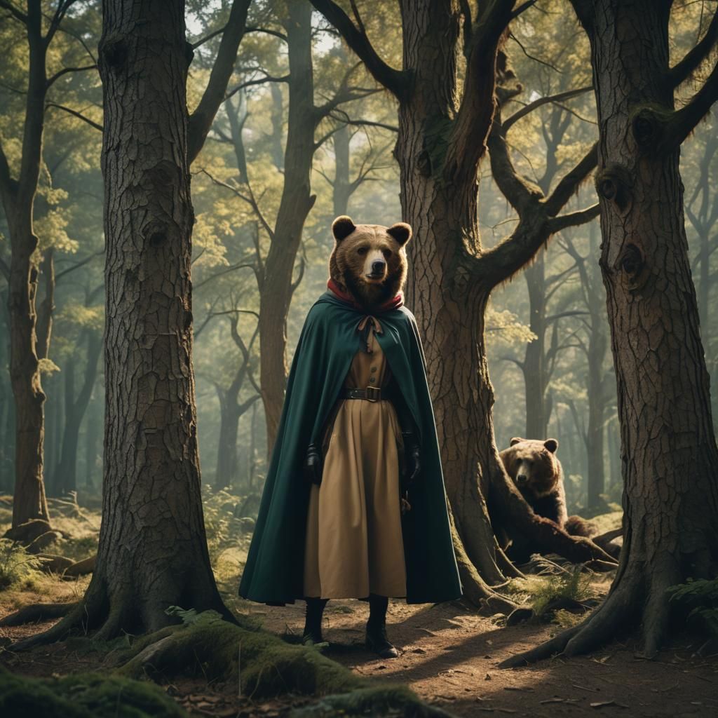 Woman Hiding From Bear in Cinematic Style