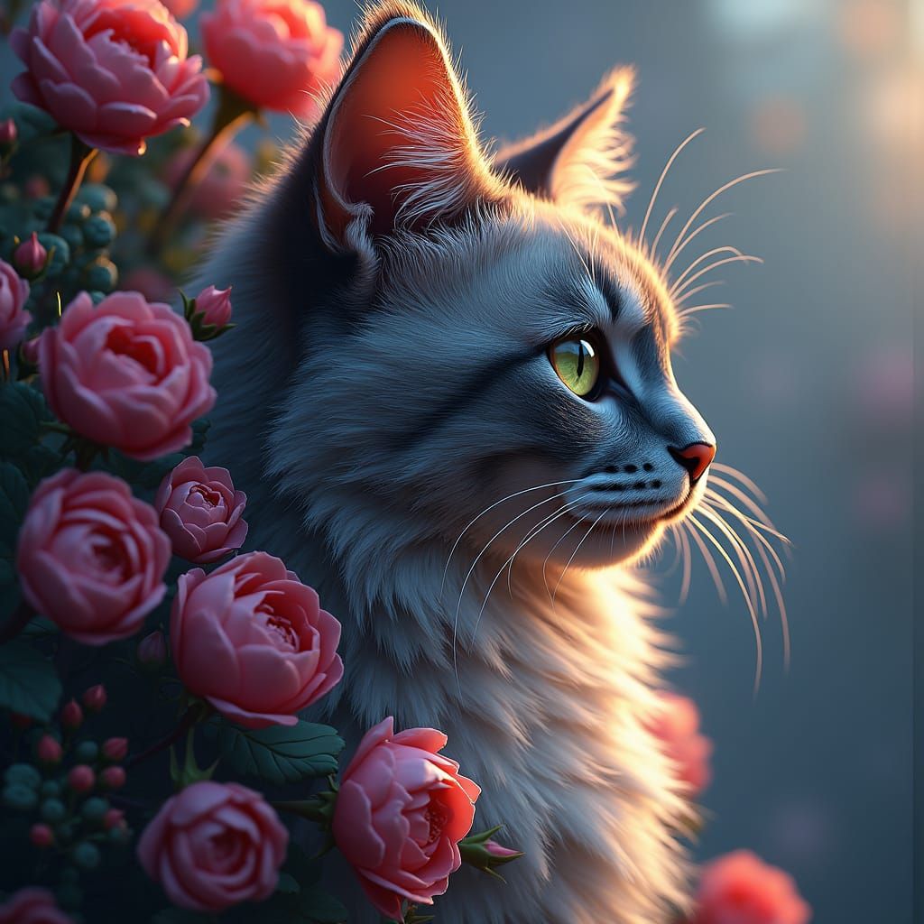 Majestic Cat with Flowers in Dreamlike Fantasy Art