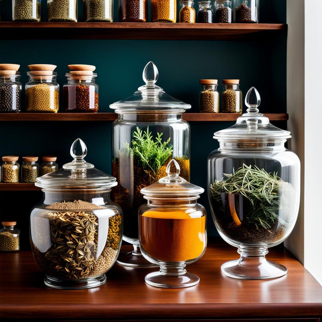 Apothecary Jars with Herbs and Teas in Abstract Kitchen