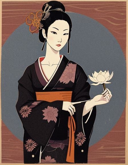 Geisha with Lotus Blossom: Minimalist Woodcut