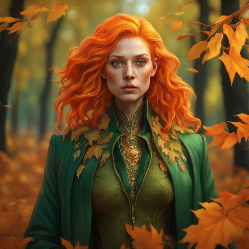 Orange-Haired Witch Portrait with Autumn Tree