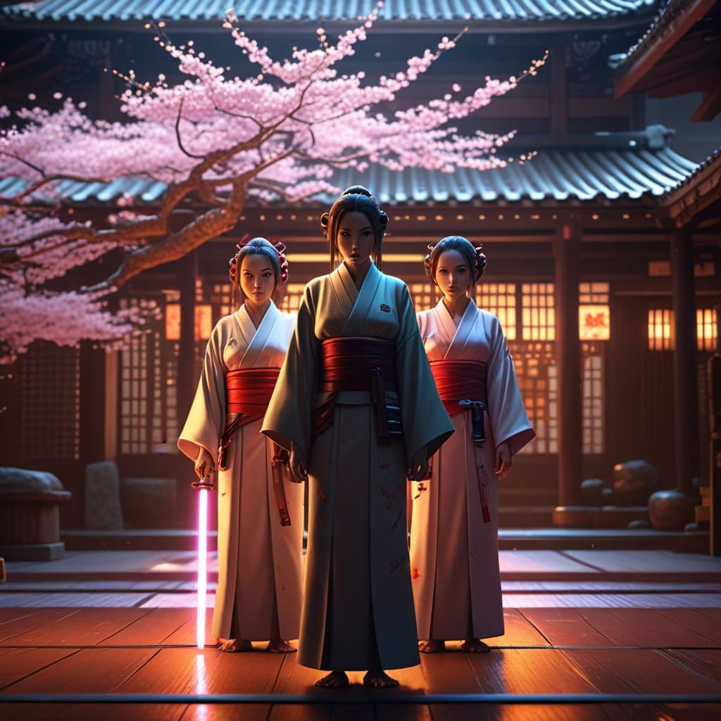 Anime-Style Japanese Jedi Sisters in Dojo