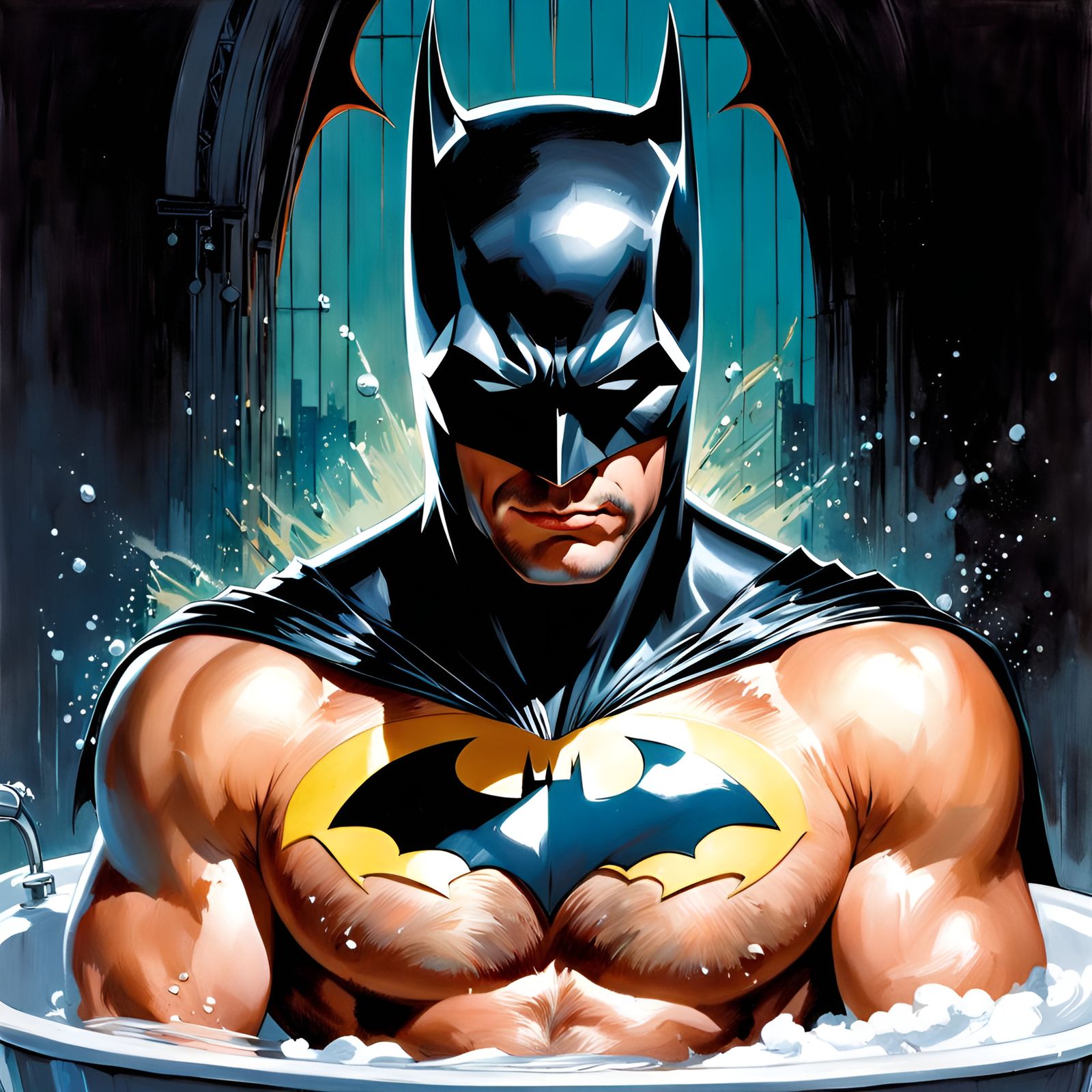 Batman Relaxing in Bath, Pin-Up Comic Art