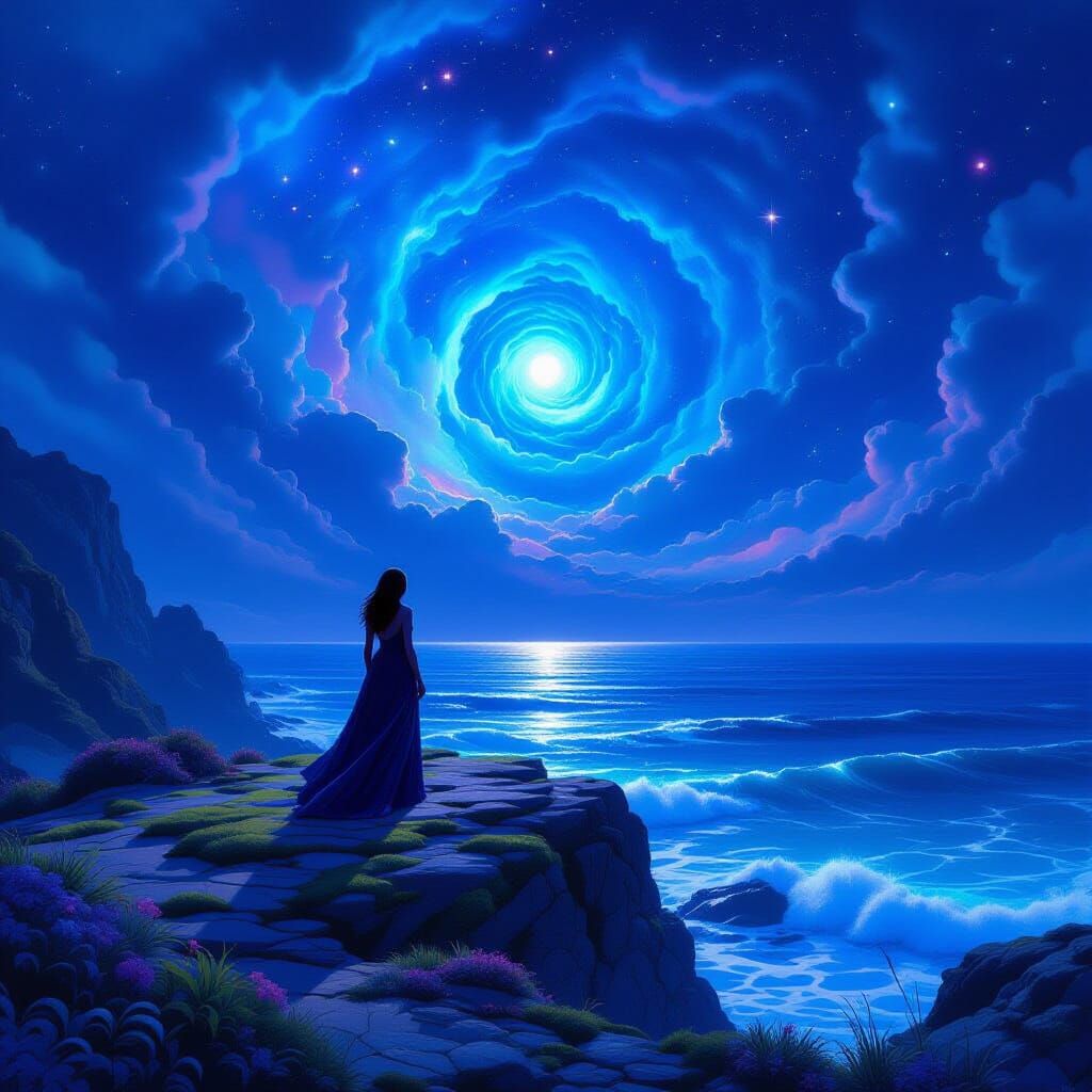 Ethereal Woman Overlooking Bioluminescent Ocean Under Nebula...