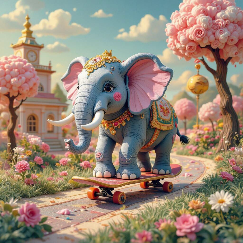 Colossal Elephant on Skateboard in Cotton Candy Park