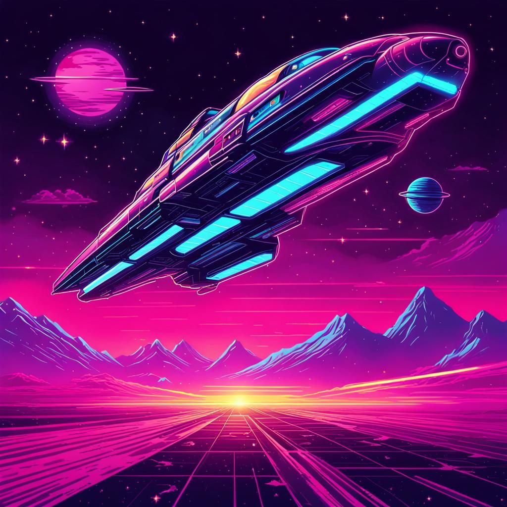 Synthwave Spaceship Enters Collapsing Neon Cosmos