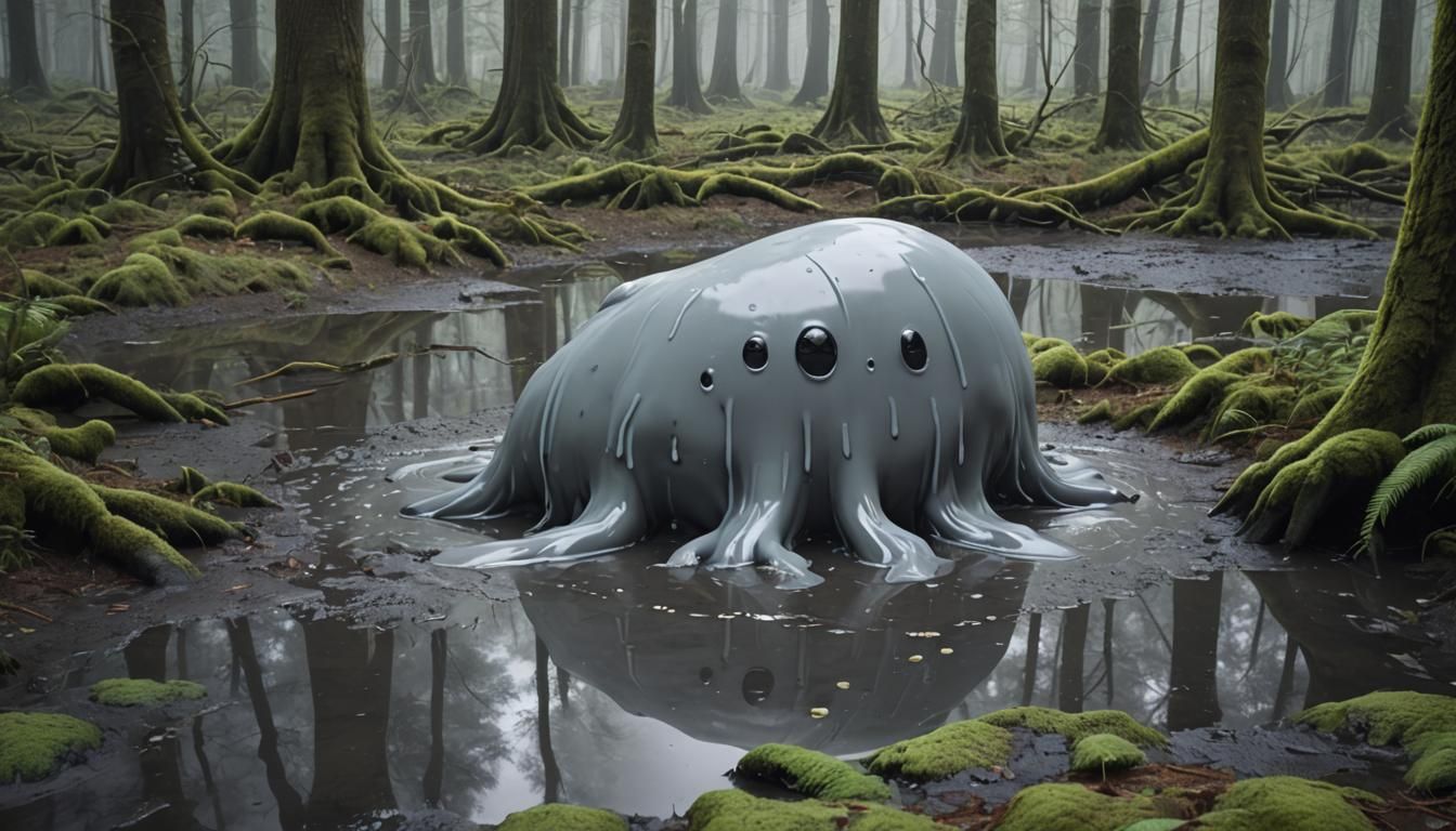 Faceless Slime Monster in Forest Puddle