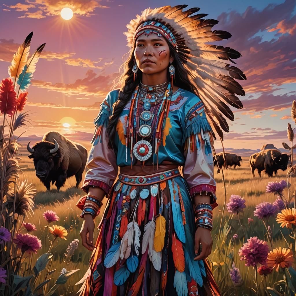 Native American Woman with Buffalo in Candy Art Style