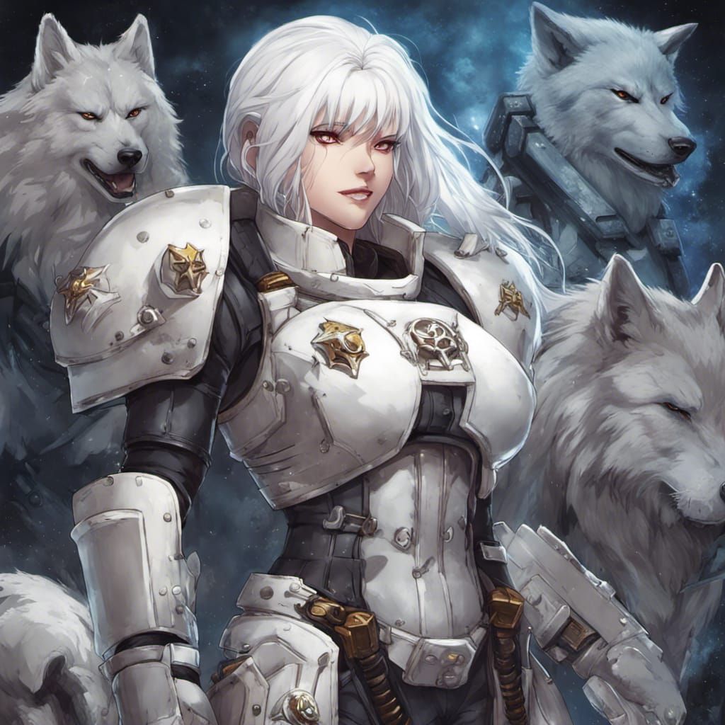 Anime Space Marine with White Armor and Wolves