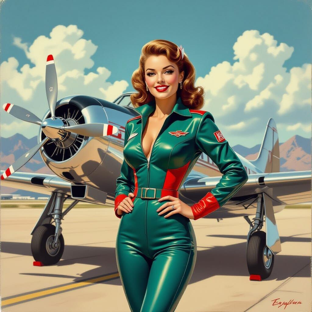 1950s Pin-Up Model with Retro-Futuristic Racer & Aircraft