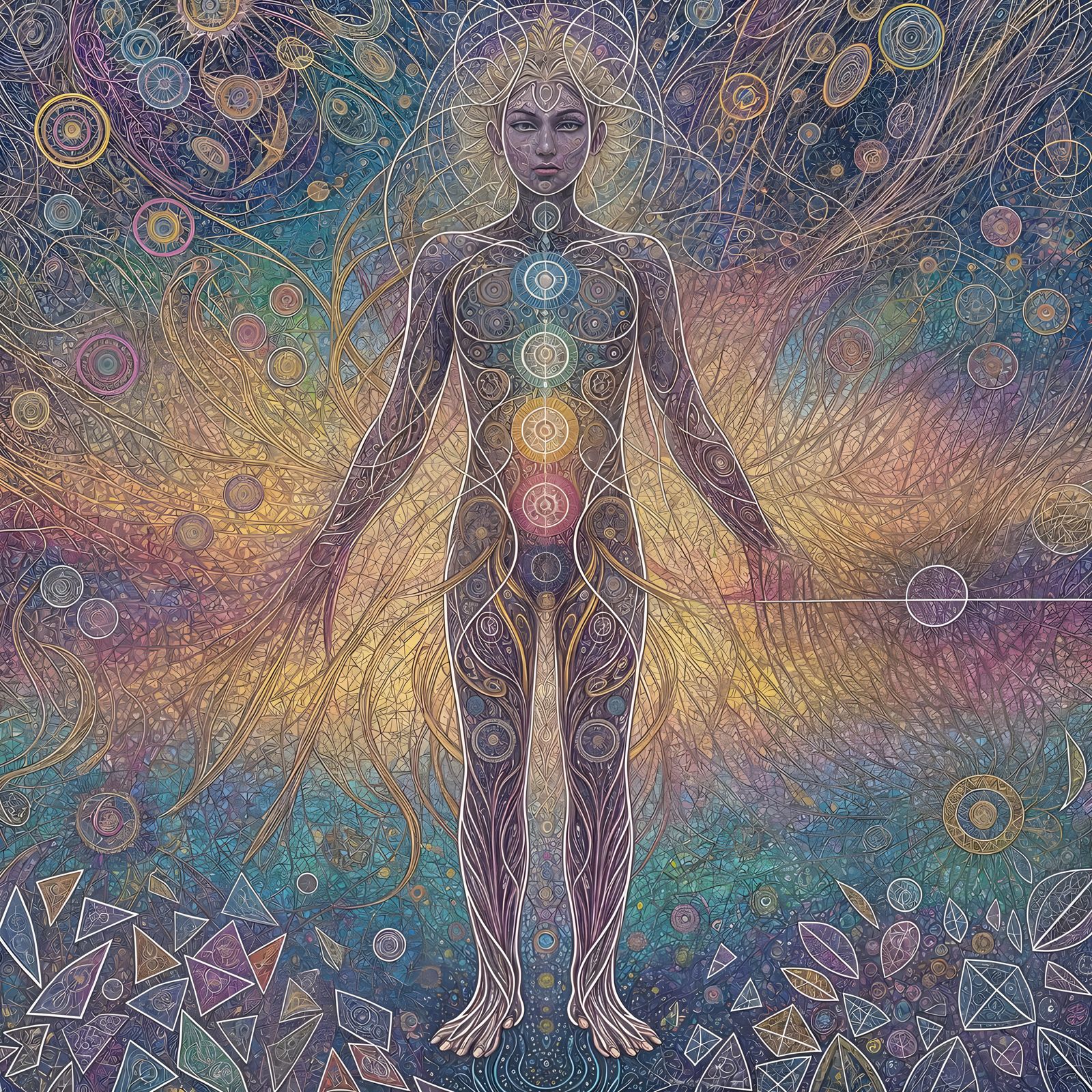 Psychedelic Body Art with Chakras and Cosmic Energy