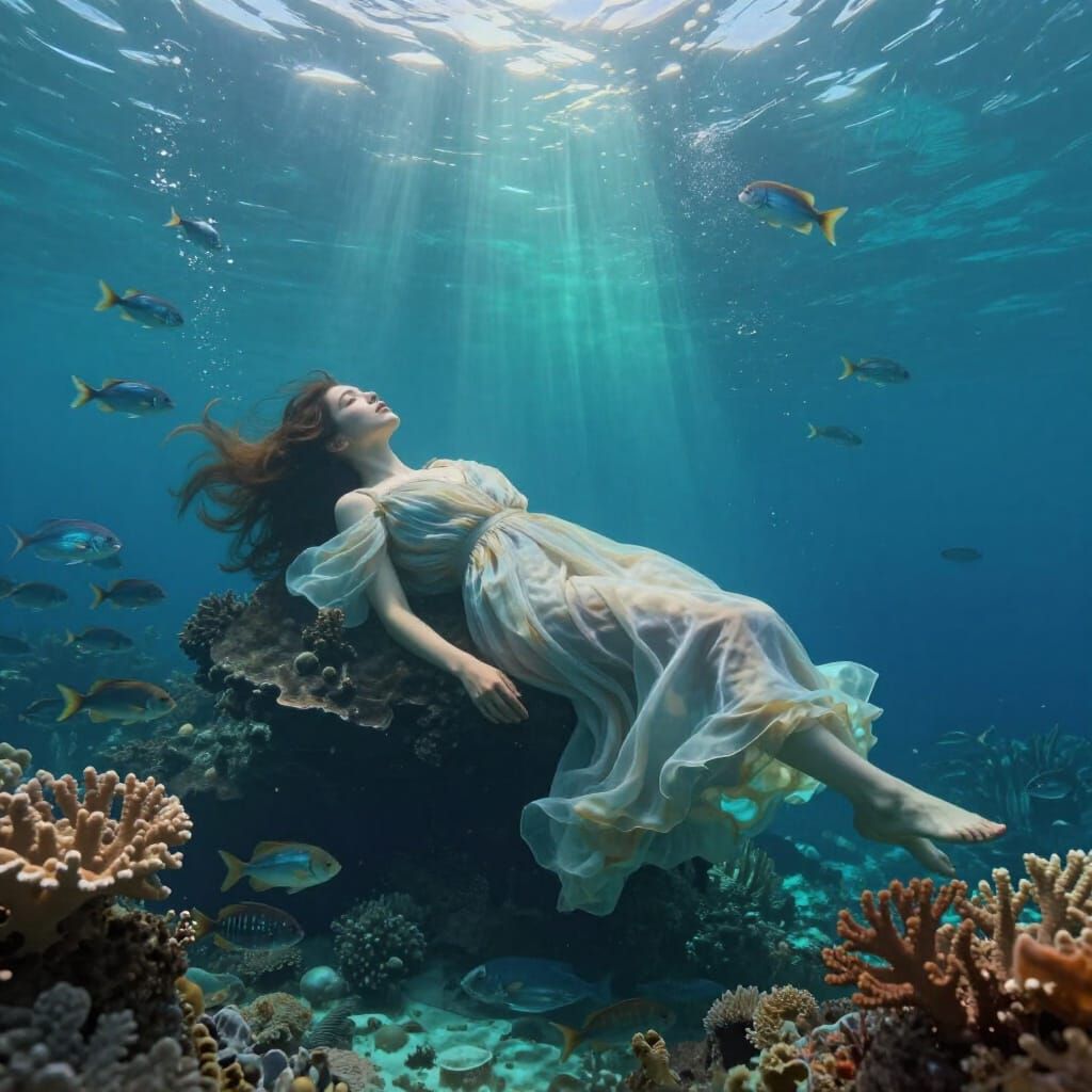 Serene Woman in Gown Drifting in Deep Ocean