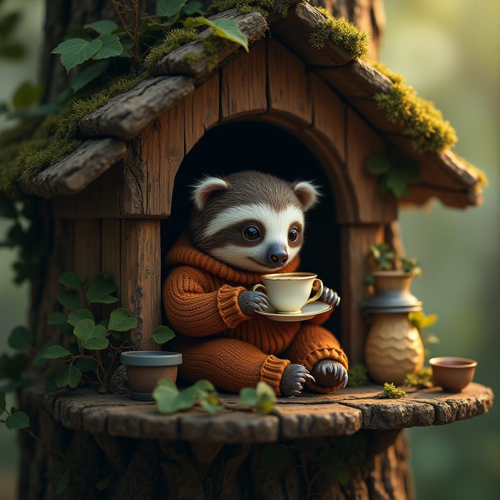 Cozy Sloth Sipping Tea in a Detailed Treehouse