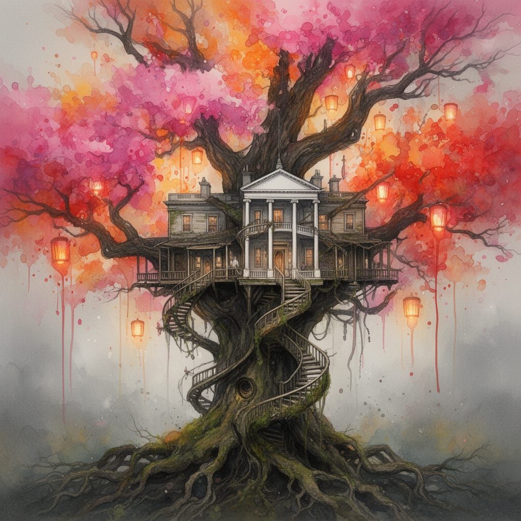 White House Treehouse on Ancient Oak with Watercolor Blooms