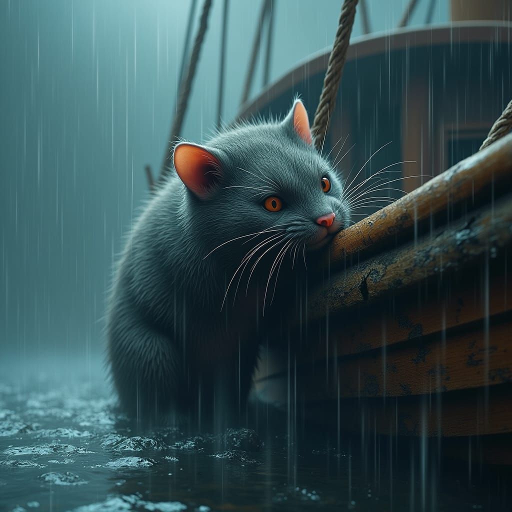 Frightened Kitten in Rainy Boat: Fantasy Concept Art