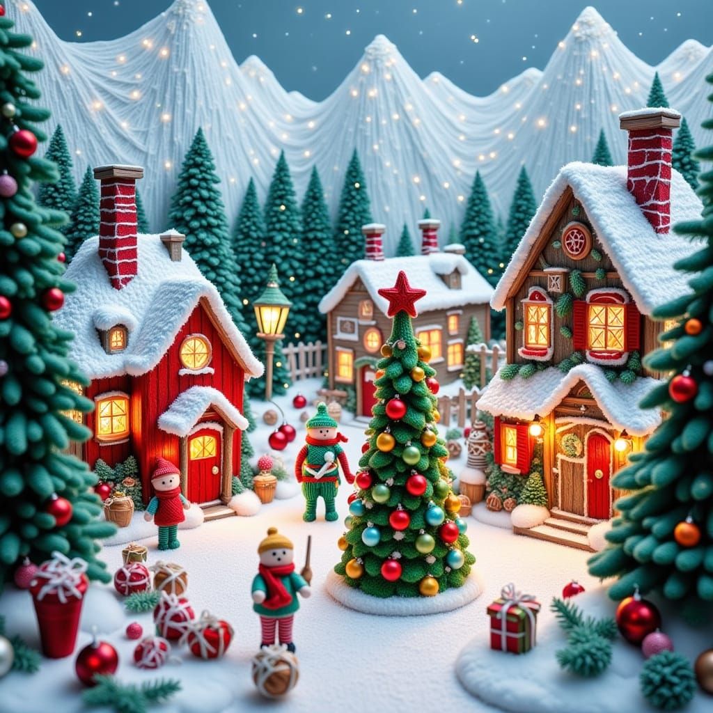 Whimsical Yarn Christmas Village in Snowy Mountains