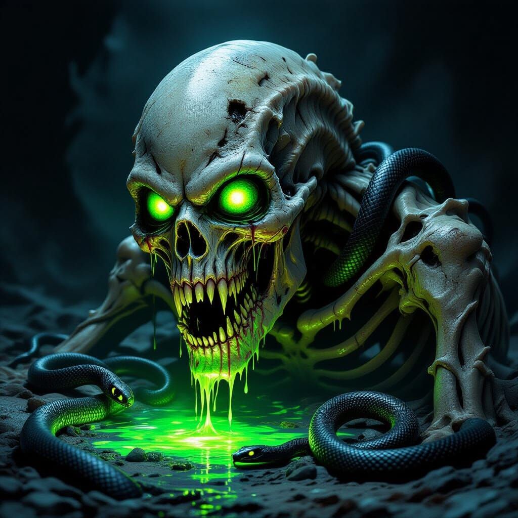 Decaying Alien Monster with Bioluminescent Blood in Dark Fan...