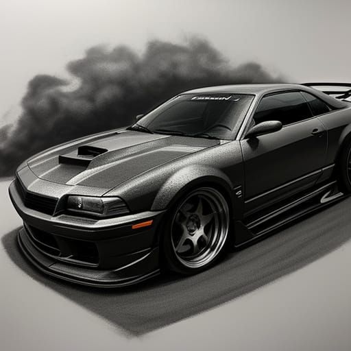 Hyperdetailed Charcoal Drawing of Drift Modded Cars