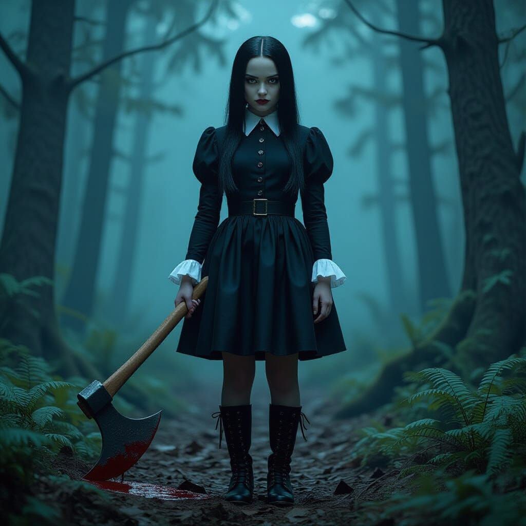 Wednesday Addams with Bloody Axe in Dark Forest