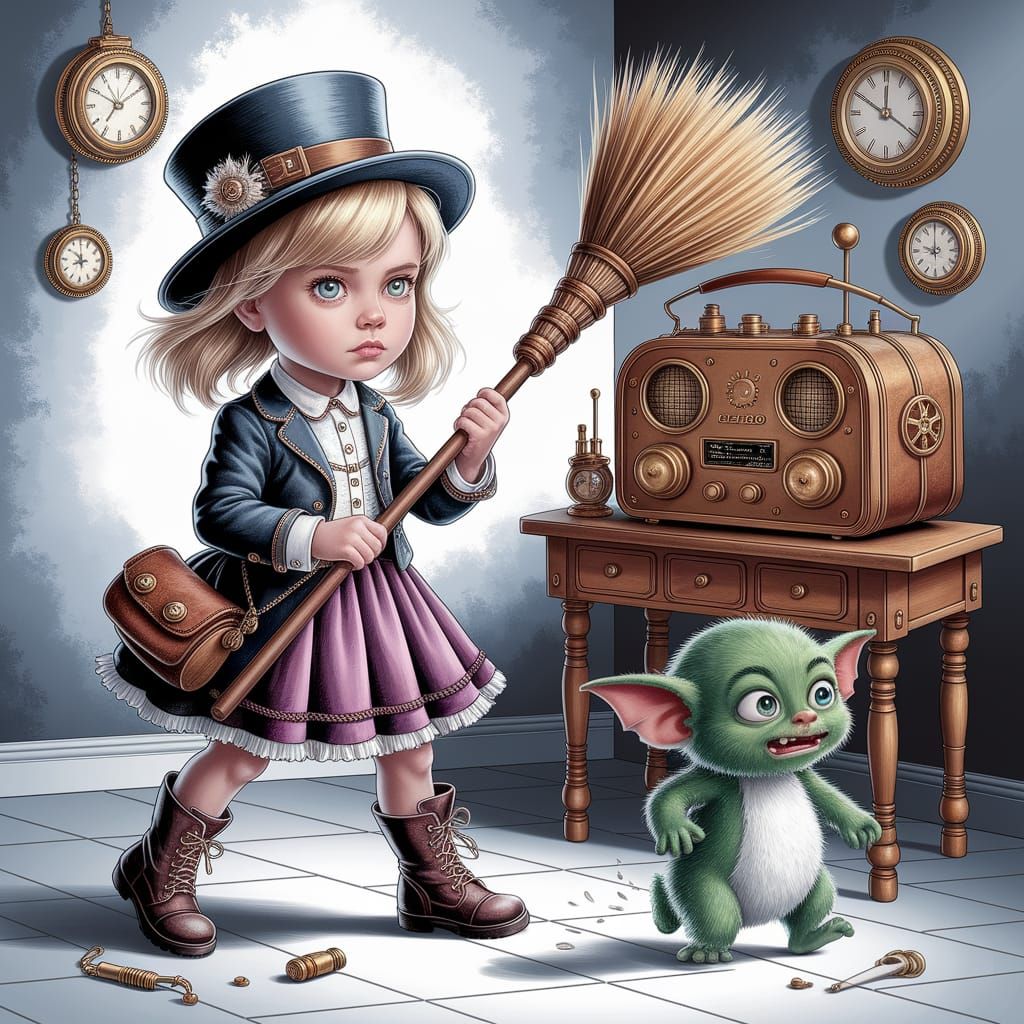 Steampunk Girl Chases Gremlin in Watercolor Gouache Style