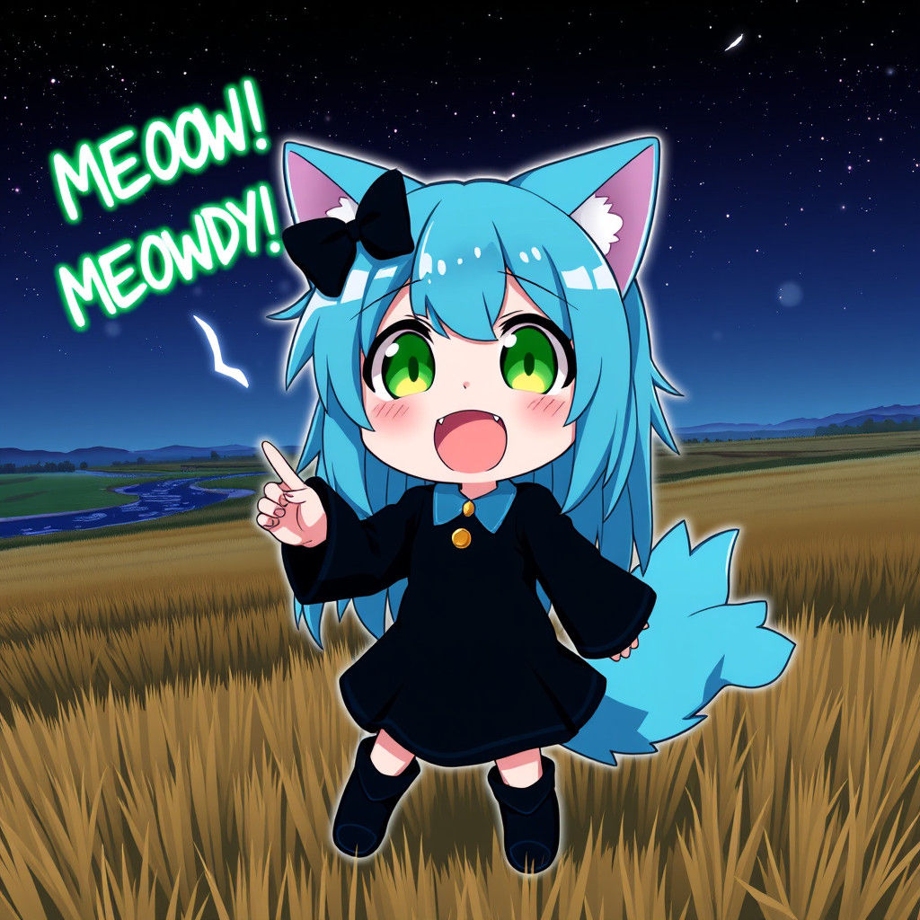Synthwave Anime Catgirl Shouting Meoowdy in Field