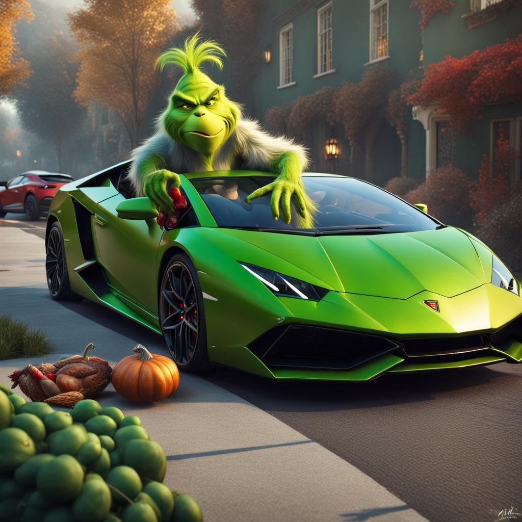Grinch Steals Turkey in Lamborghini: Detailed Digital Art