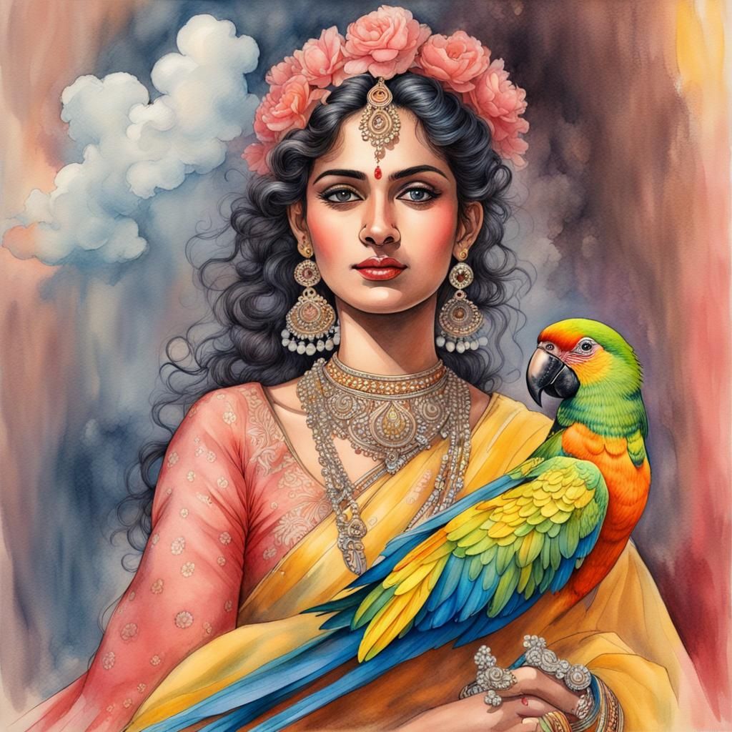 Radha Rani with Parrot in Watercolor Fashion Illustration