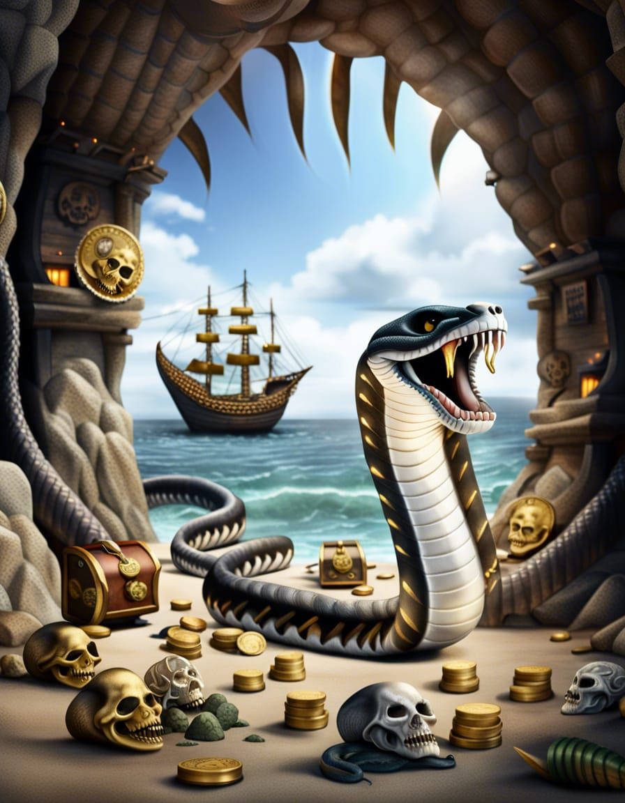 Photorealistic Cobra Snake in a Pirate Treasure Cave