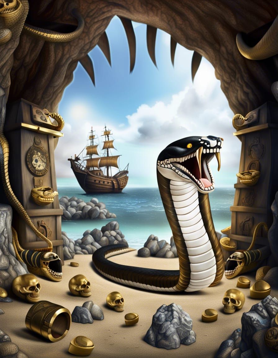 Photorealistic Cobra Snake Guarding Pirate Treasure